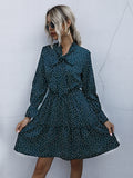 Perfee Polka Dot Tie Neck Long Sleeve Dress