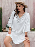 Plus Size Lace Detail Tie Neck Three-Quarter Sleeve Mini Dress