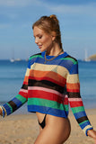 Rainbow Stripe Openwork Long Sleeve Cover-Up