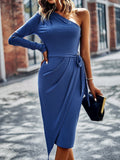 One-Shoulder Pleated Detail Belted Dress