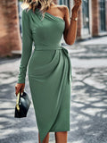 One-Shoulder Pleated Detail Belted Dress