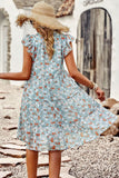 Floral Flutter Sleeve Notched Neck Tiered Dress