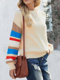 Striped Dropped Shoulder Crewneck Ribbed Trim Sweater