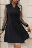 Lapel Collar Tied Mesh Long Sleeve Dress