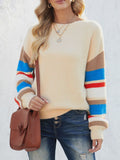 Striped Dropped Shoulder Crewneck Ribbed Trim Sweater