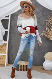 Color Block Distressed V-Neck Ribbed Sweater