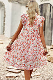 Floral Flutter Sleeve Notched Neck Tiered Dress