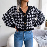 Houndstooth V-Neck Dropped Shoulder Cropped Cardigan