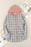 Plaid Drawstring Hooded Shirt Jacket