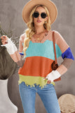 Color Block Distressed V-Neck Ribbed Sweater