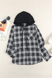 Plaid Drawstring Hooded Shirt Jacket