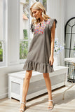 Graphic Embroidered Ruffle Hem Dress