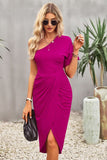 Ruched One-Shoulder Tulip Hem Dress