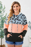 Plus Size Leopard Color Block Drawstring Hoodie