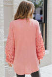 Spliced Lace Balloon Sleeve Waffle-Knit Tunic Top