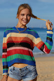 Rainbow Stripe Openwork Long Sleeve Cover-Up